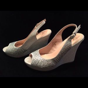 L Lorraine Silver Sparkle Wedge Sandals